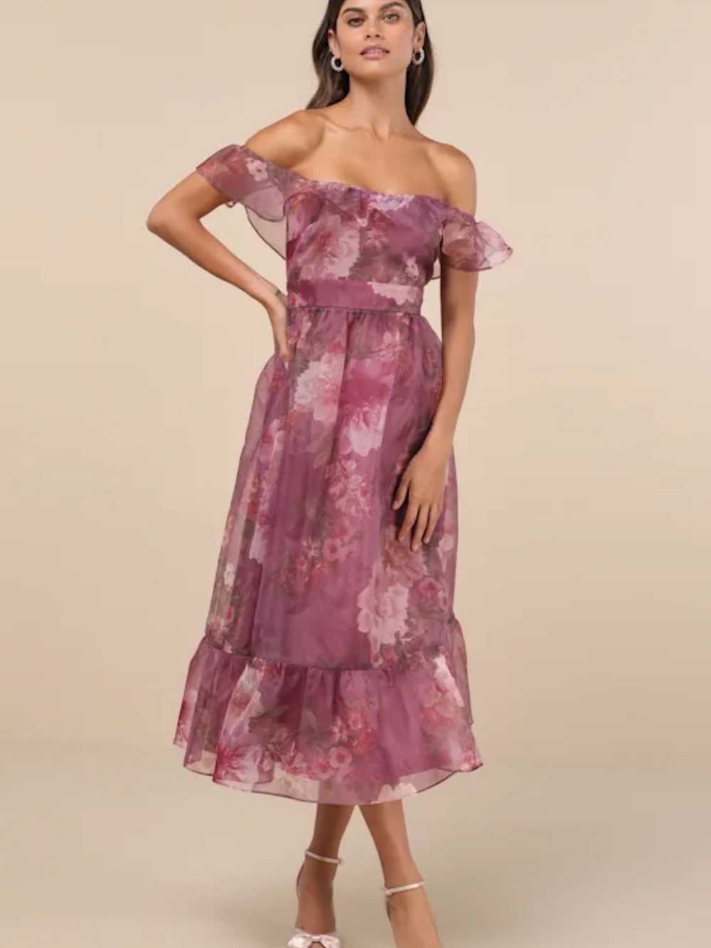 Lulu's Dusty Rose Floral Off-Shoulder Midi Dress